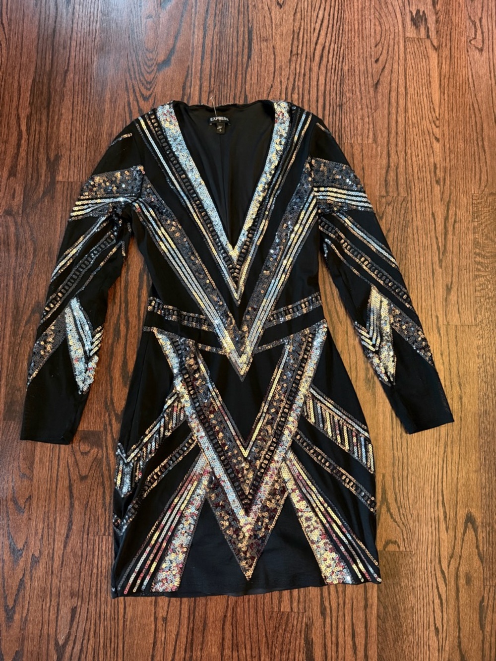 Express Black Long Sleeve Sequin Geometric Mini Dress